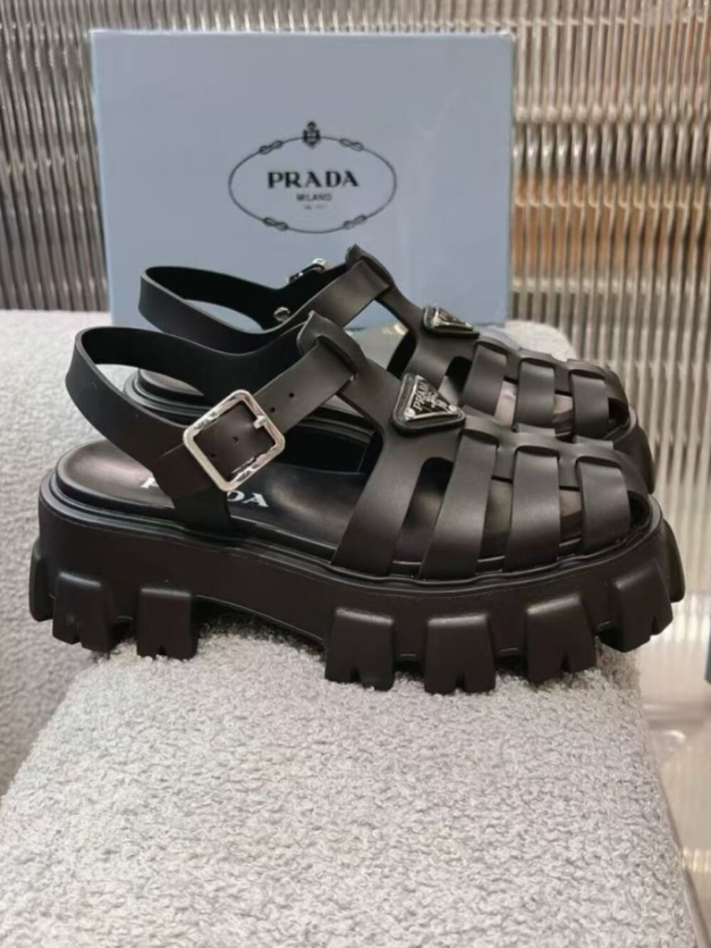 Prada Rubber Woven Lug Sole Cage Sandals